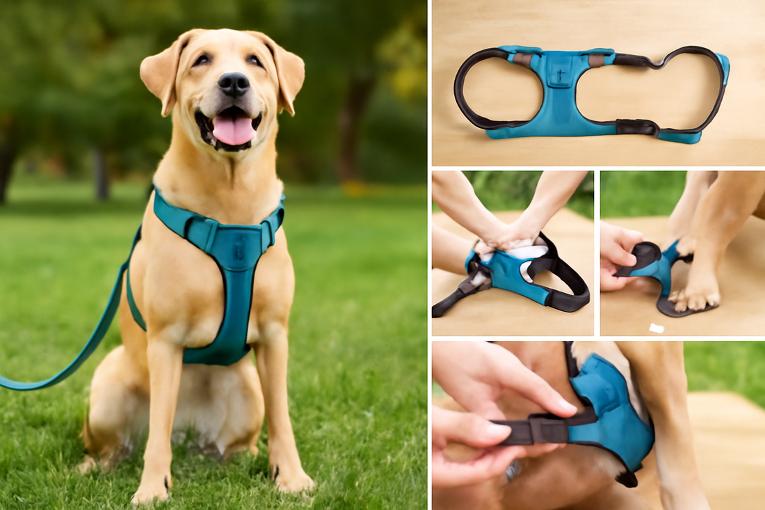 “A happy golden Labrador Retriever sitting on green grass wearing a teal dog harness and leash, accompanied by step-by-step instructional photos showing how to put on the harness.”